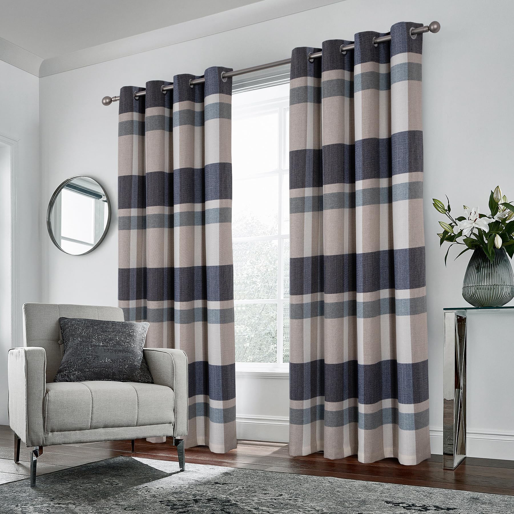Always4U 100% Blackout Plaid Curtains For Bedroom Living Room Woolen Look Black Tartan Grommet Thermal 2 Panels 54 * 95 Blue Whi