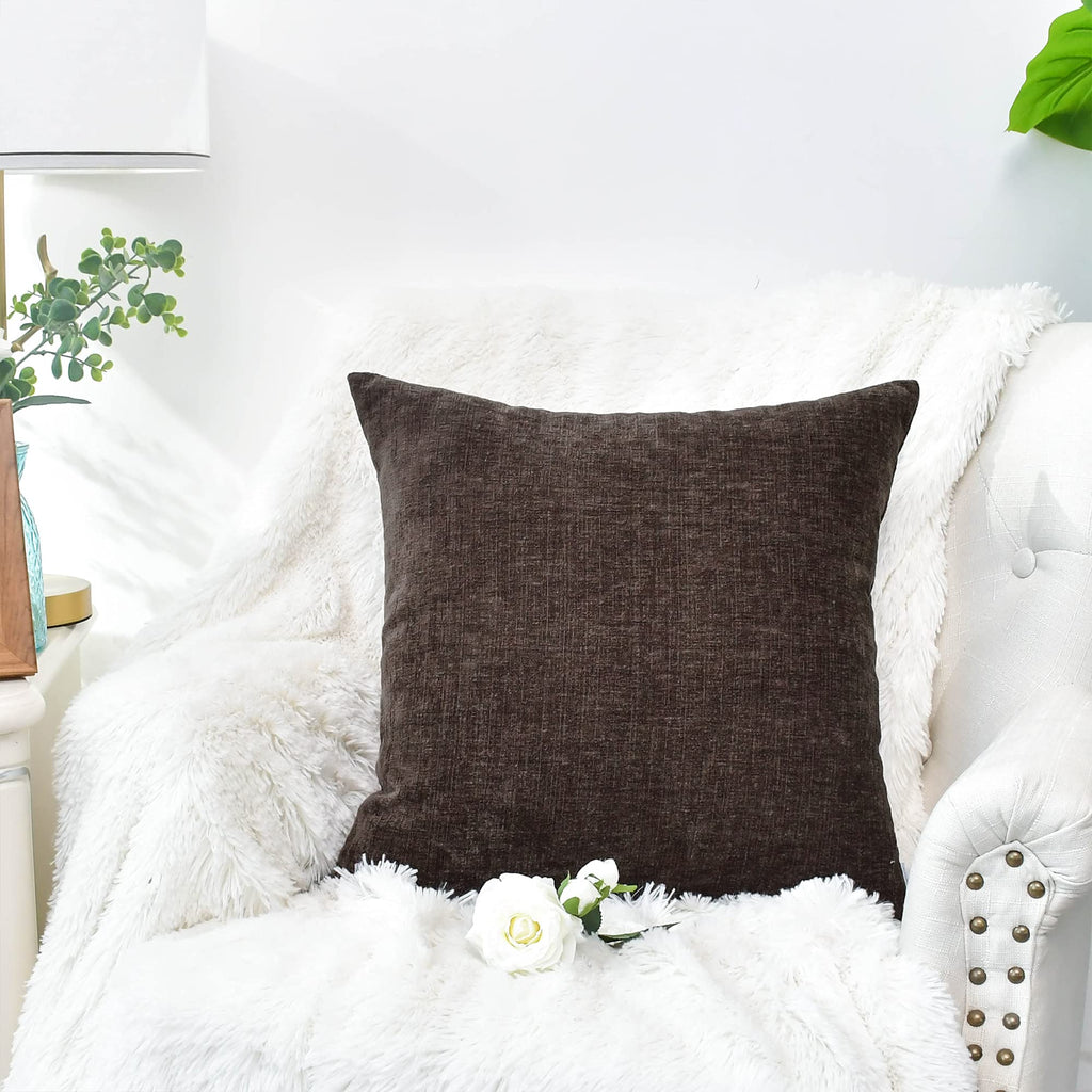 Calitime Pack Of 2 Cozy Throw Pillow Covers Cases For Couch Sofa Home Decoration Solid Dyed Soft Chenille 24 X 24 Inches Coffee