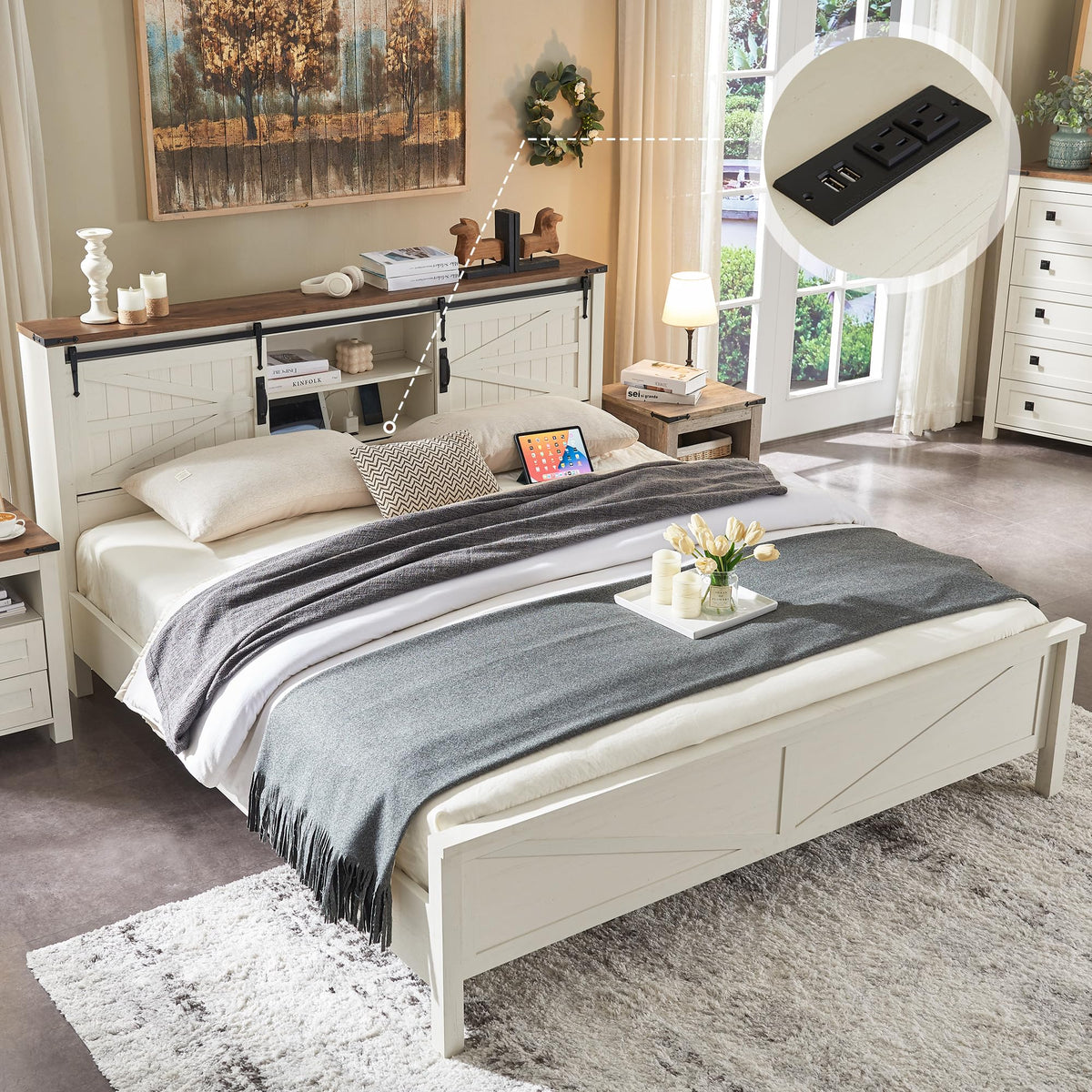 T4TREAM Farmhouse Queen Size Bed Frame w/Storage Bookcase Headboard, Sliding Barn Door, Charging Station, Rustic Wood Platform B