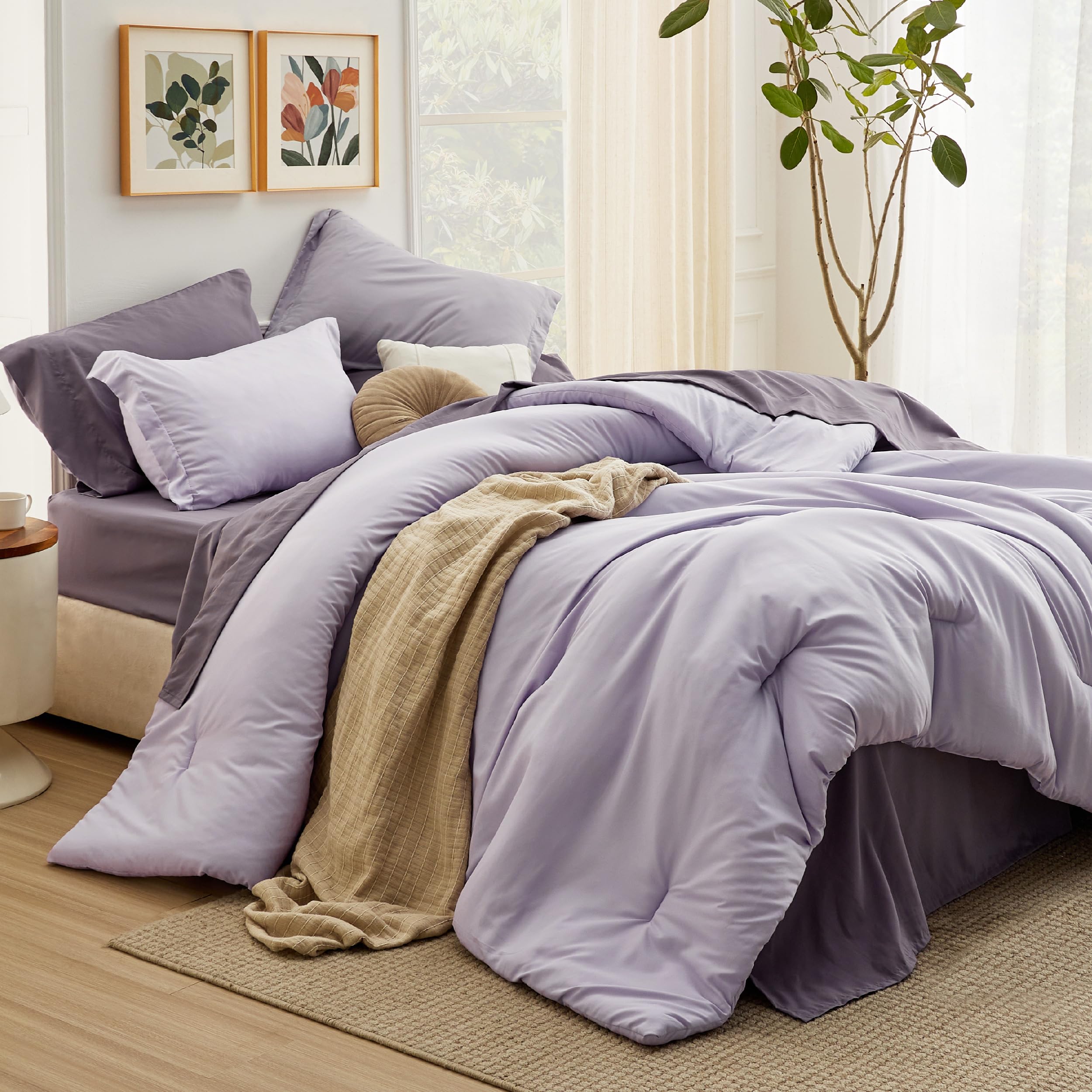 Bedsure Twin Comforter Set - 5 Pieces Lavender Twin Bedding Set For All Seasons, Boho Contrasting Design Bed In A Bag With Comforter, Sheets, Pillowcase & Sham