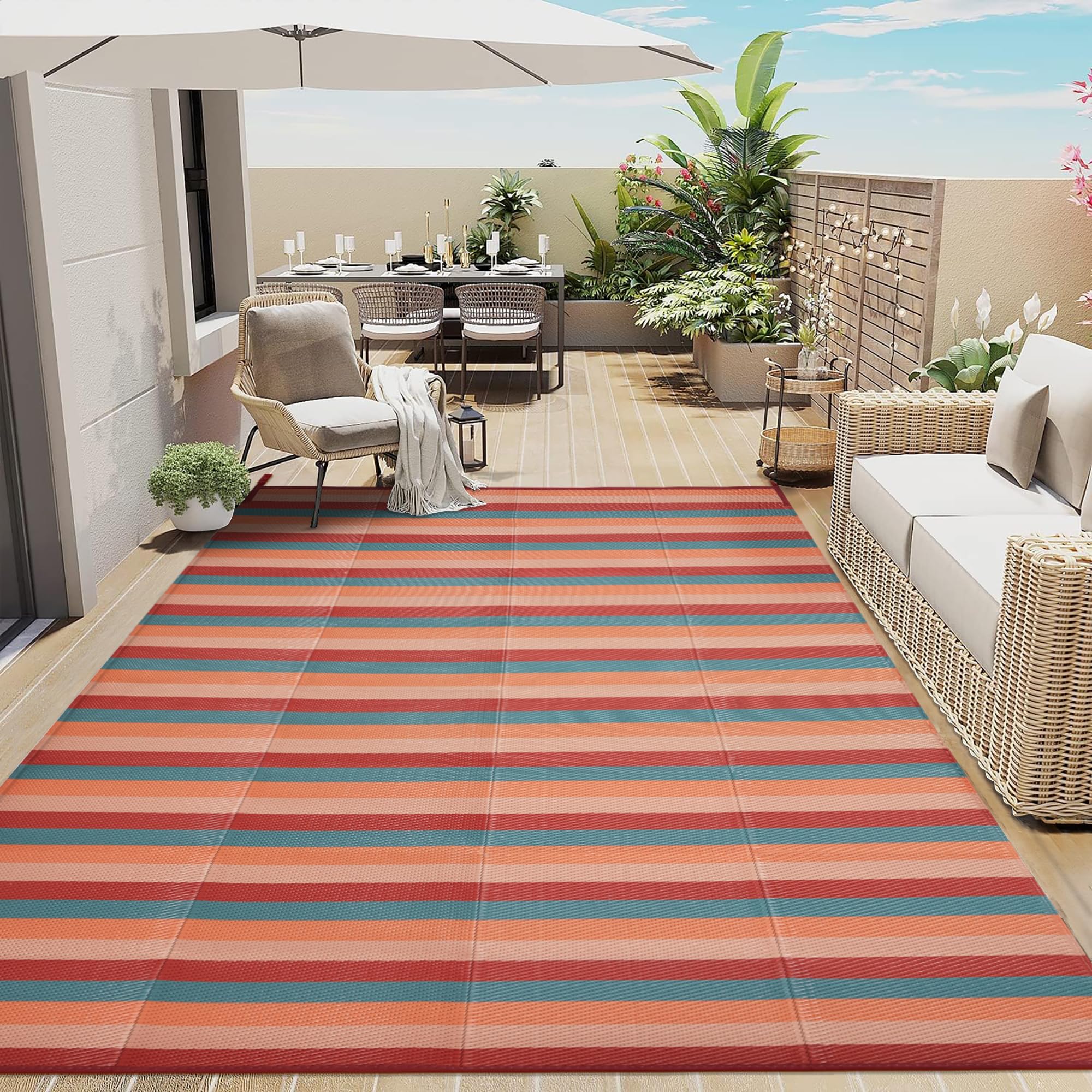 Purecozy Outdoor Waterproof Patio Rug 8X10 Plastic Straw Reversible Lightweight Outside Area Rug Orange Red Colorful Stripe Carp
