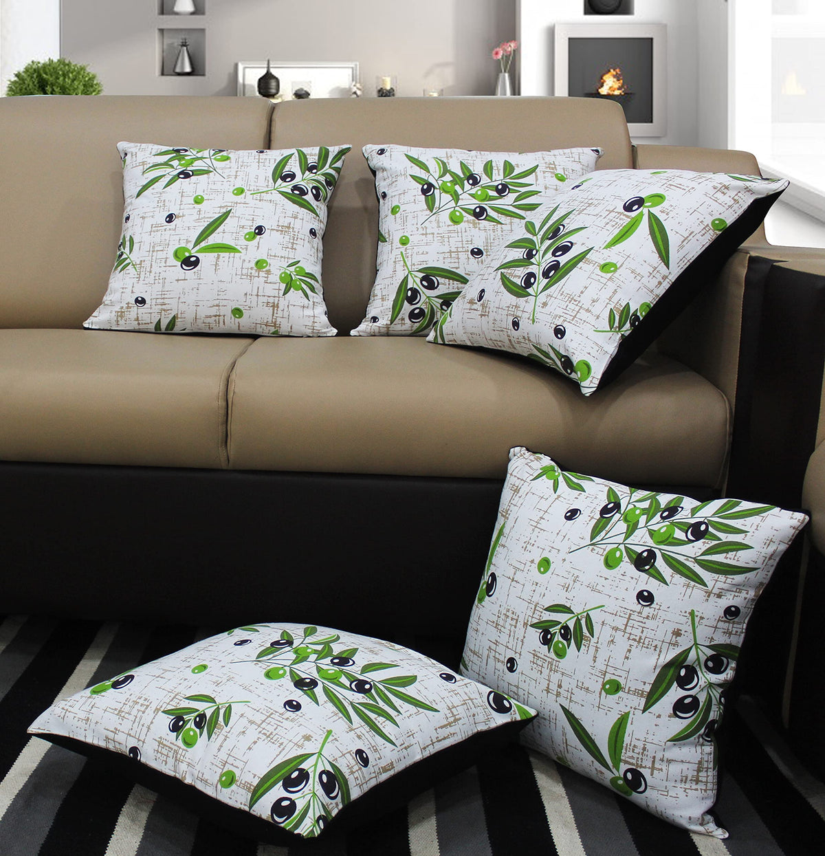 Airwill Cotton Olive Leaf Themed Cushion Covers For Cushions & Pillows (Green/White, Pack Of 5)