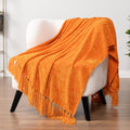 Pavilia Orange Throw Blanket For Couch, Chenille Blanket For Sofa Bed, Soft Knit Woven Blanket With Tassel, Decorative Blanket F