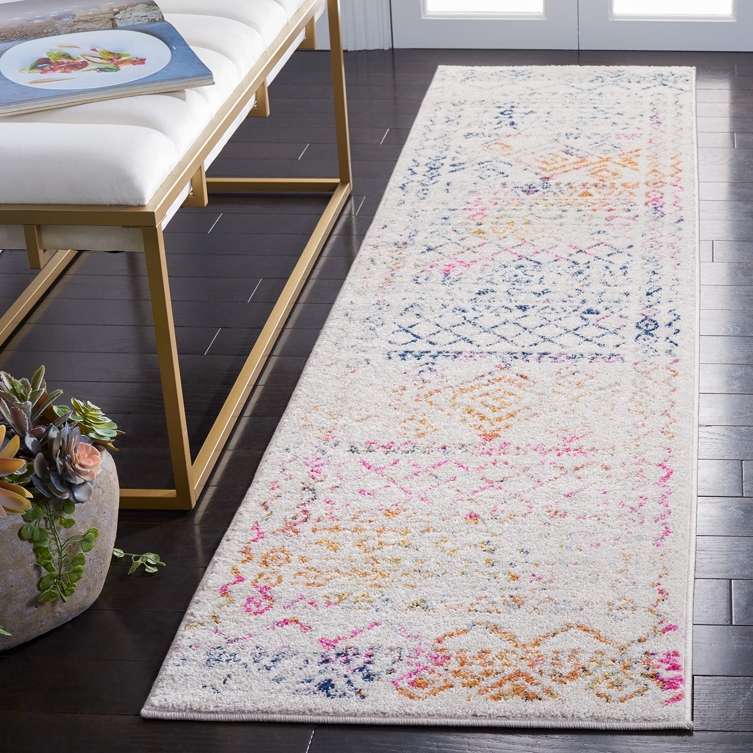 SAFAVIEH Tulum Collection Runner Rug - 2 x 13, Ivory & Fuchsia, Moroccan Boho Distressed Design, Non-Shedding & Easy Care, Ide