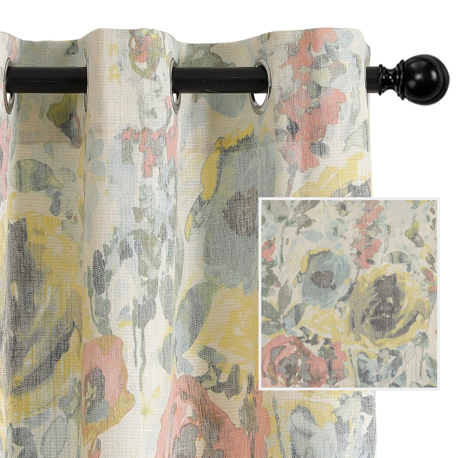 Mysky Home Floral Curtains Linen Look Curtains 45 Inch Length Semi Sheer Curtains Light Filtering Curtains For Living Room Bedro