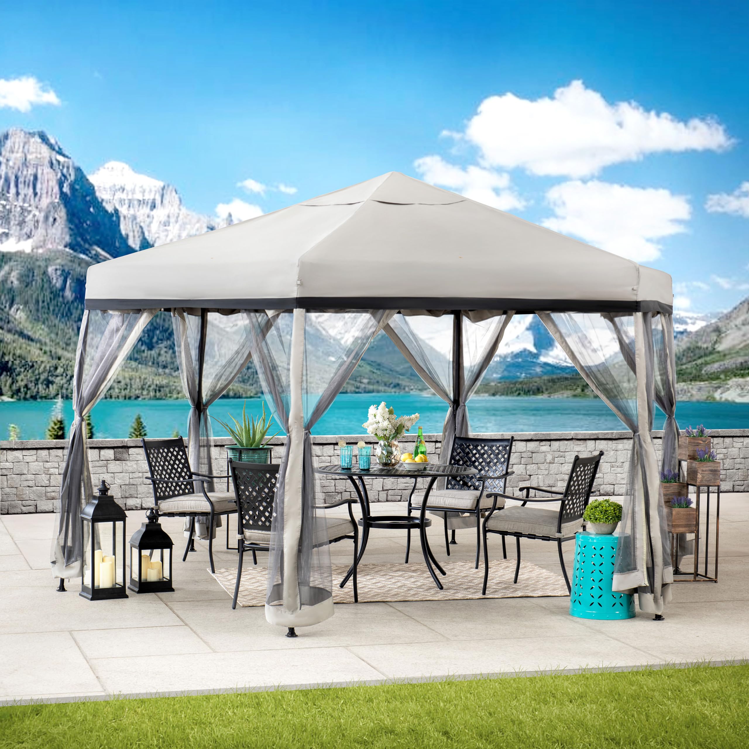 11 ft. x 11 ft. Gray and Black 2-tone Pop Up Portable Hexagon Steel Gazebo