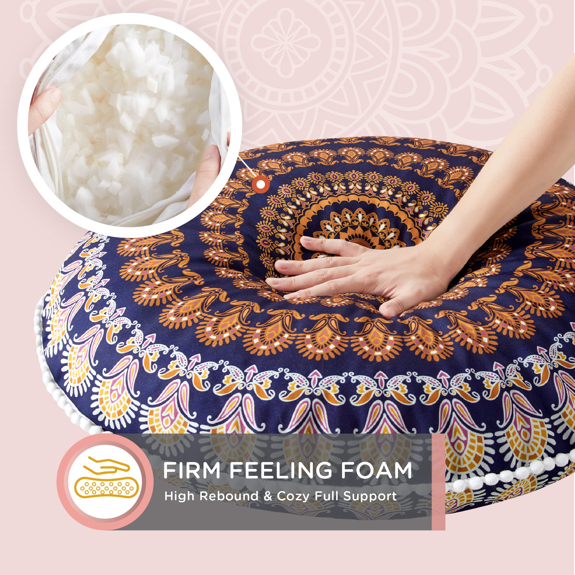 Codi Meditation Floor Pillows Set Of 2, Round Large Pillow Seating For Adults, Bohemian Mandala Circle Floor Cushion For Outdoor Fireplace Yoga Living Room, 32 Inch, Yellow Memory Foam Added