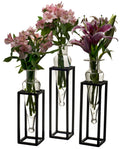 Set of 3 Clear Amphorae Vases on Square Tubing Metal Stands