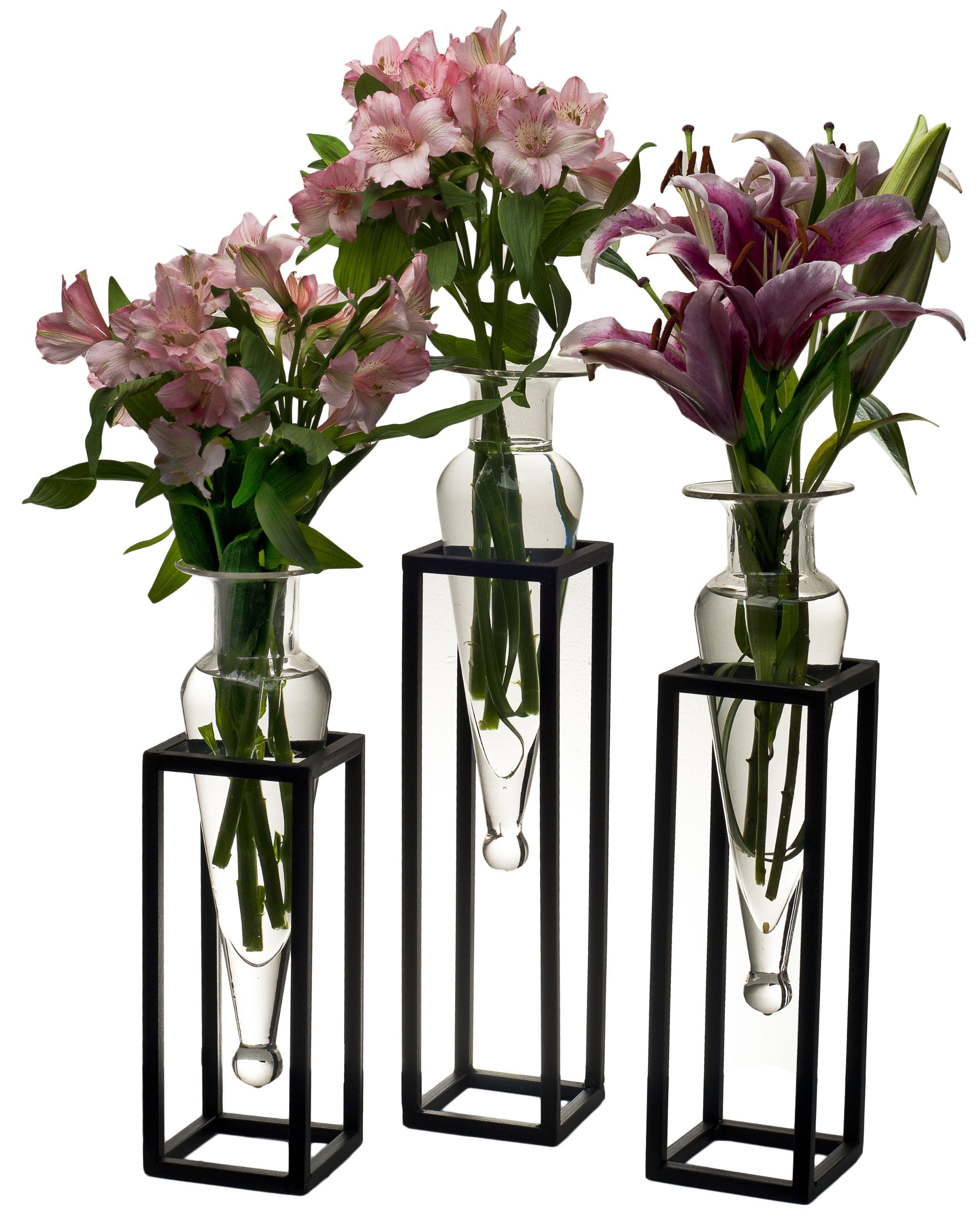 Set of 3 Clear Amphorae Vases on Square Tubing Metal Stands