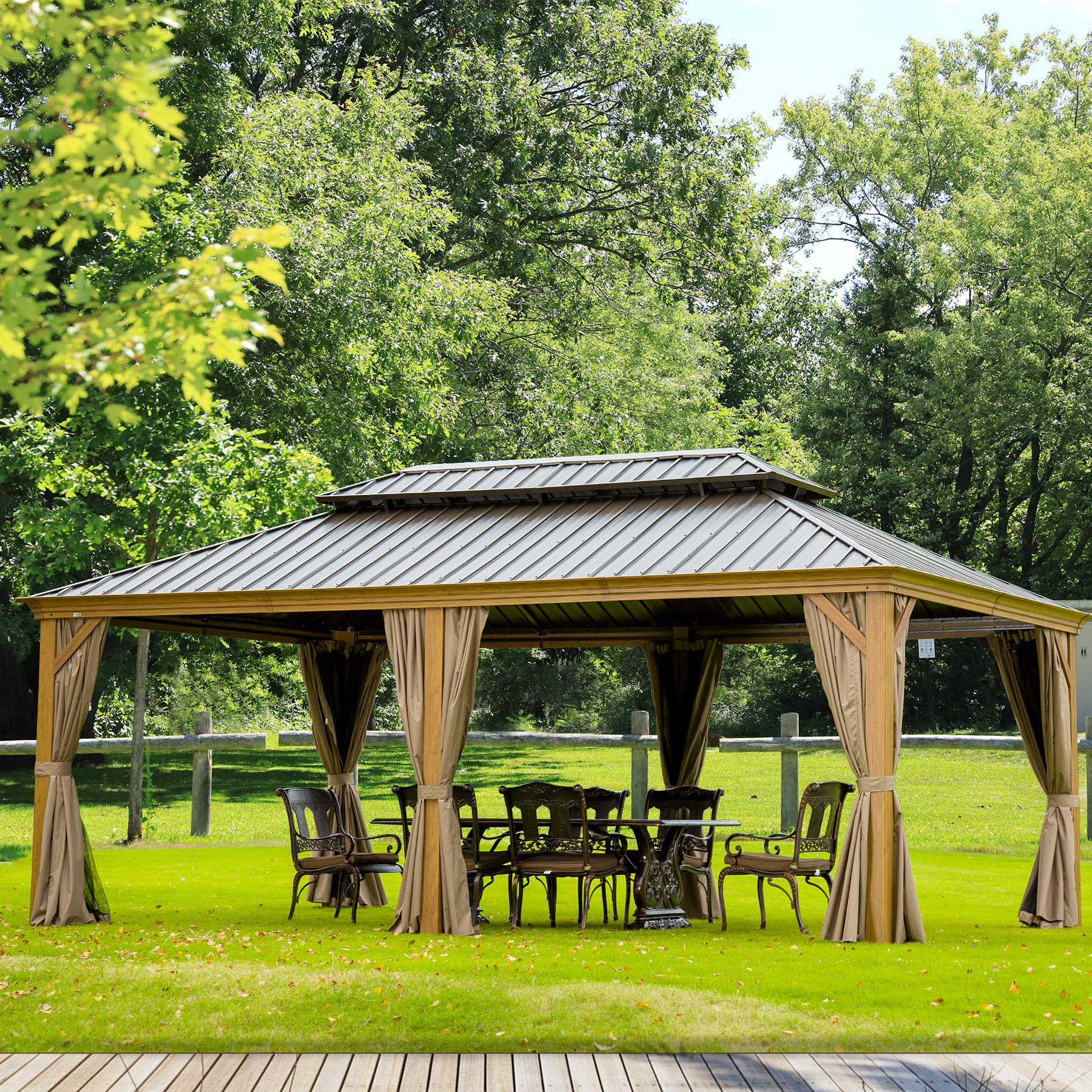 Domi Outdoor Living 12X20 Hardtop Gazebo, Wooden Coated Aluminum Frame Canopy With Galvanized Steel Double Roof, Outdoor Permane