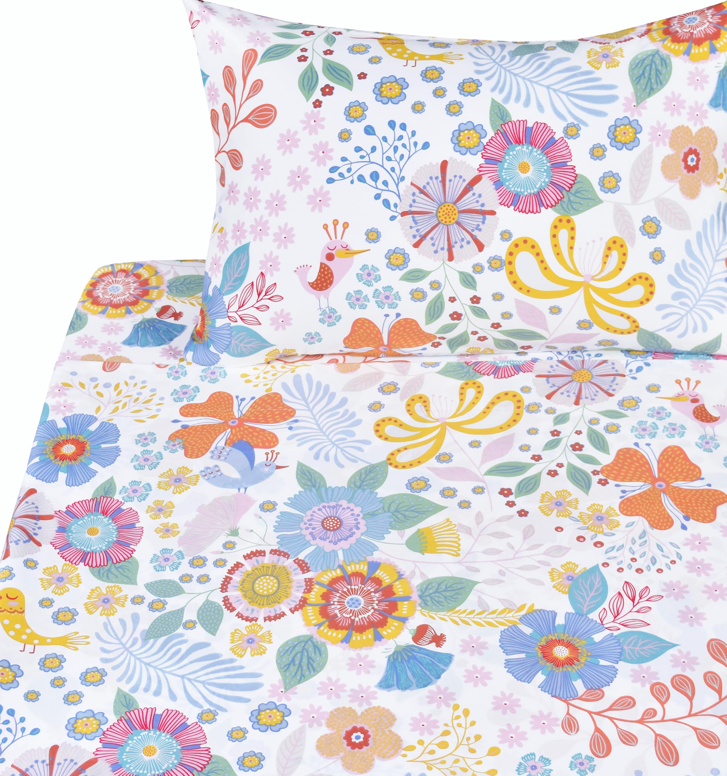J Pinno Cartoon Birds Flowers Floral Bloom Full Sheet Set Bedroom Decoration Gift For Kids Girls 100% Cotton Flat Sheet + Fitted