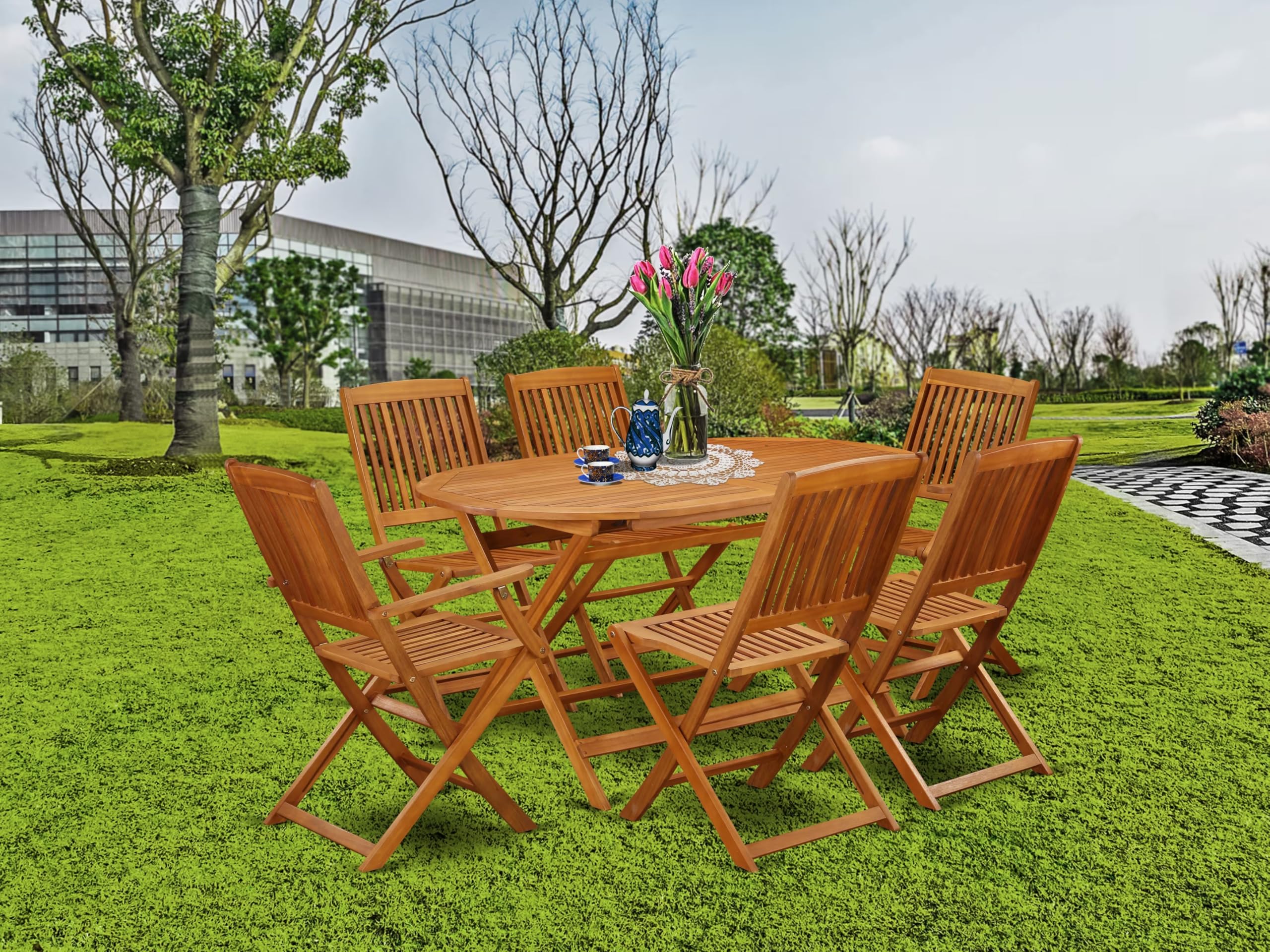 East West Furniture Dicm72Cana Diboll 7 Piece Patio Garden Set Consist Of An Oval Outdoor Acacia Wood Dining Table And 2 Folding Arm 4 Side Chairs, 36X60 Inch, Natural Oil