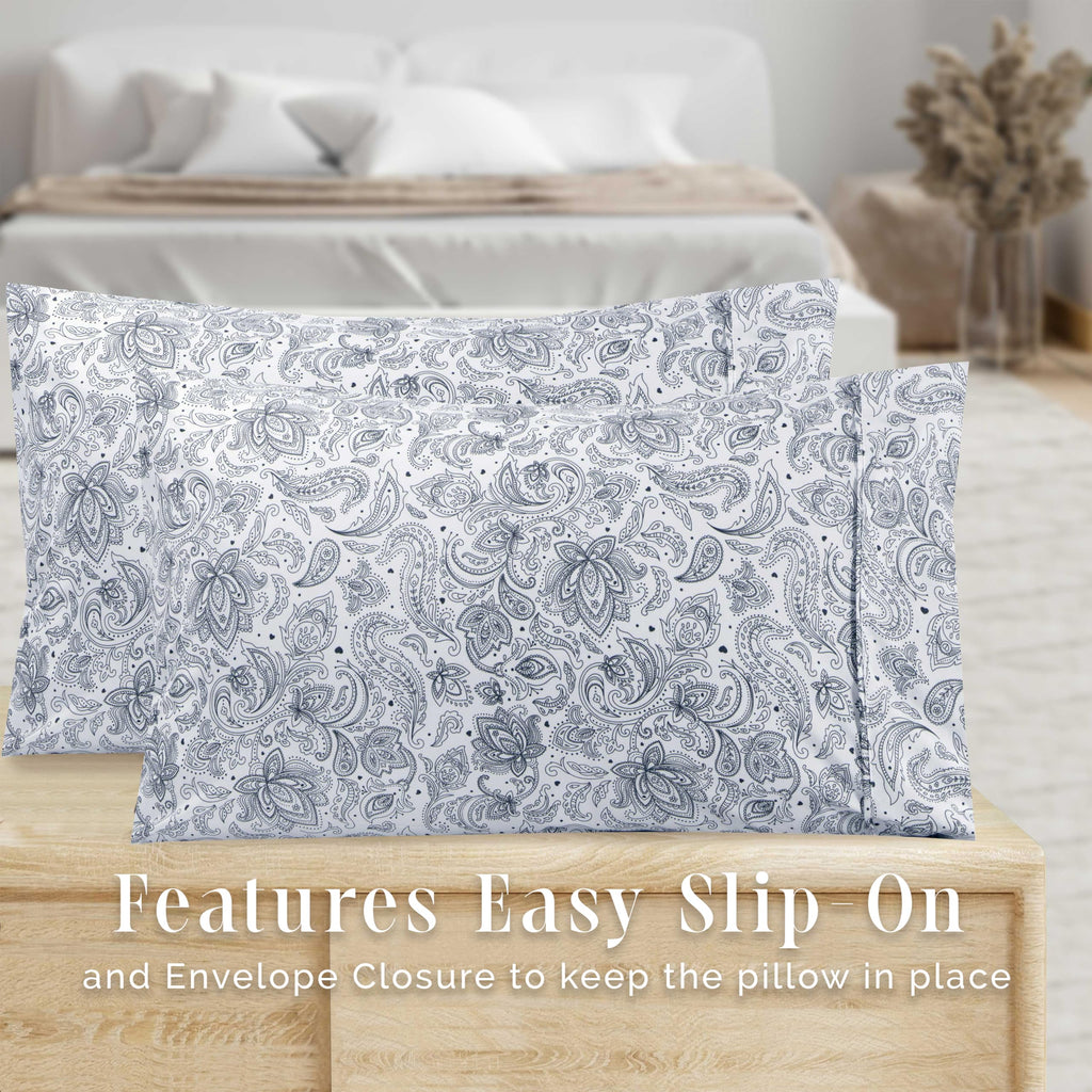 Elegant Comfort Ultra Soft Set Of 2 Floral Print Pillowcases - 1500 Premium Hotel Quality Microfiber, Soft And Smooth Envelope Closure 2-Piece Pillow Covers - Standard/Queen, Paisley Navy