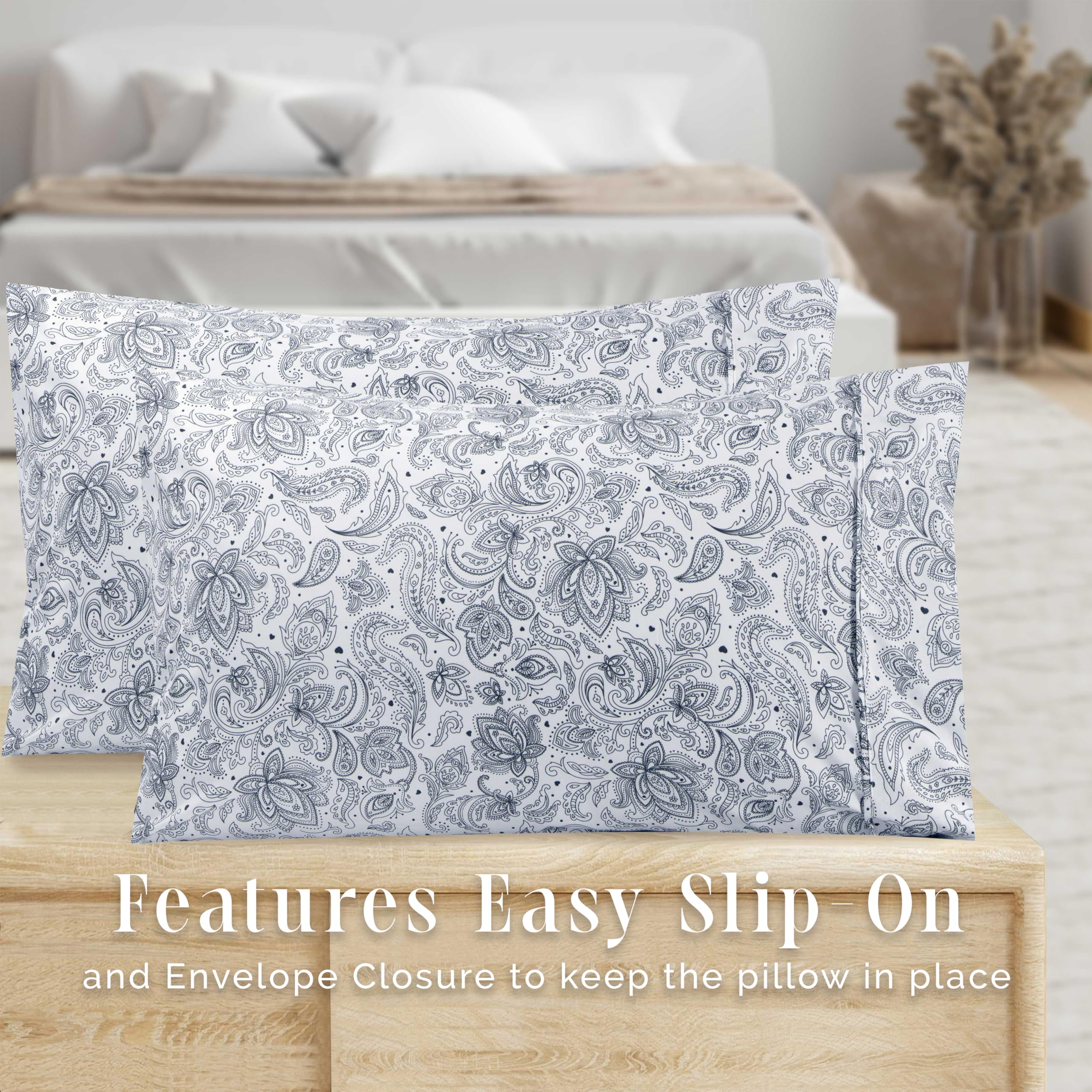 Elegant Comfort Ultra Soft Set Of 2 Floral Print Pillowcases - 1500 Premium Hotel Quality Microfiber, Soft And Smooth Envelope Closure 2-Piece Pillow Covers - Standard/Queen, Paisley Navy
