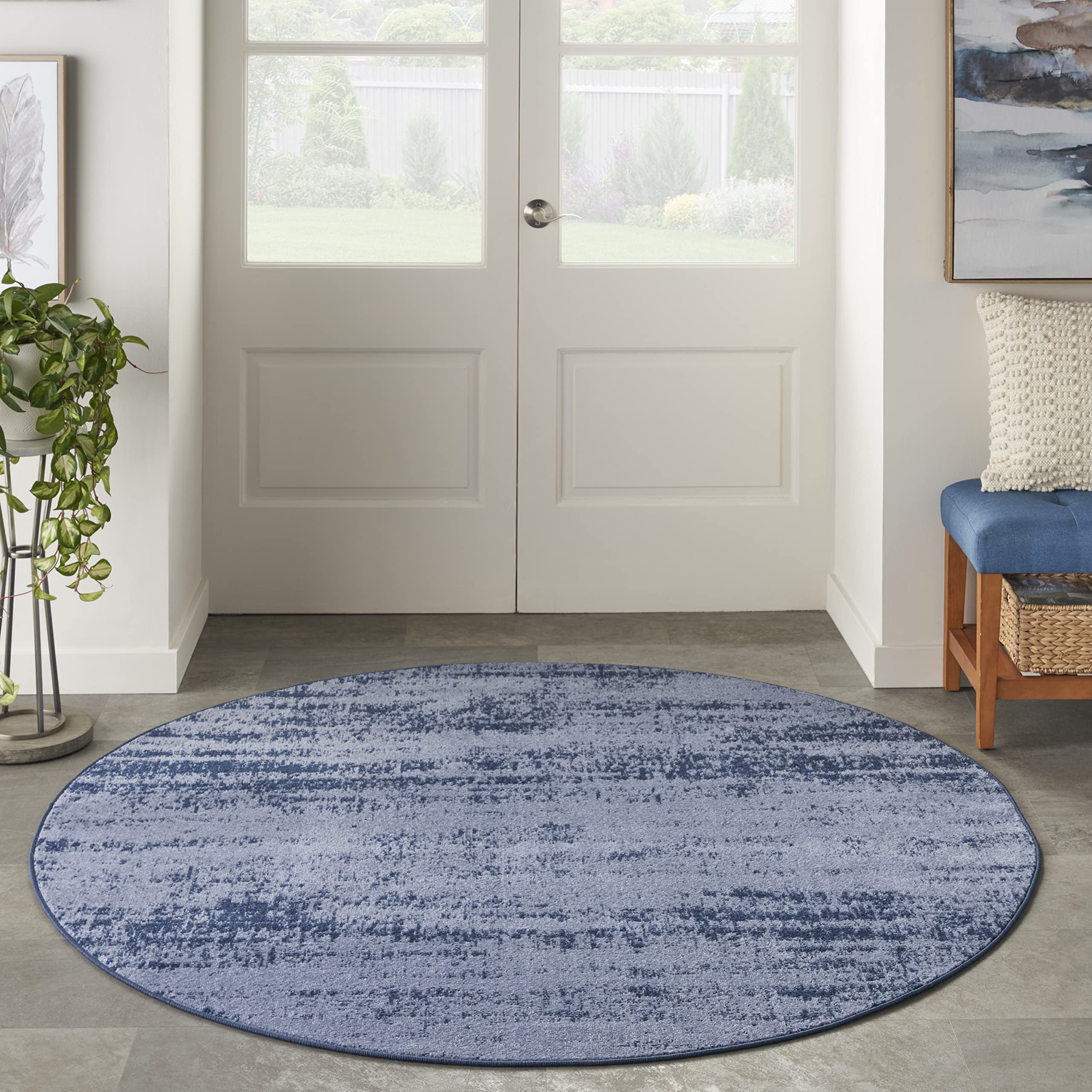 Nourison Essentials Indoor/Outdoor Solid Abstract Denim 6' X Round Area Rug, Easy Cleaning, Non Shedding, Bed Room, Living Room, Dining Room, Backyard, Deck, Patio (6 Round)
