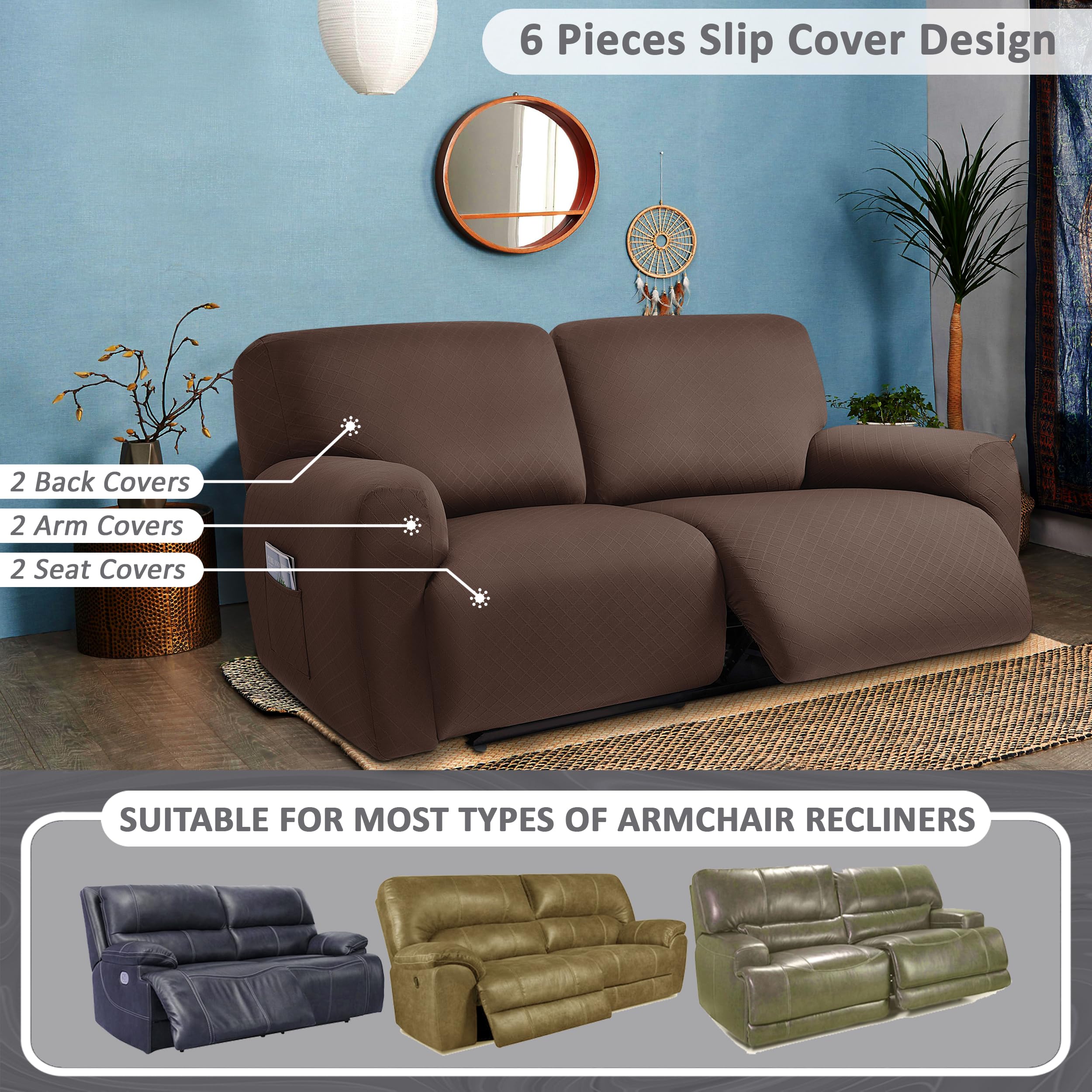 Ulticor Squared Jacquard Design Extra Wide 75'' - 100'', Reclining 2 Seater Sofa, Extra Wide 6-Piece Reclining Loveseat Slipcove