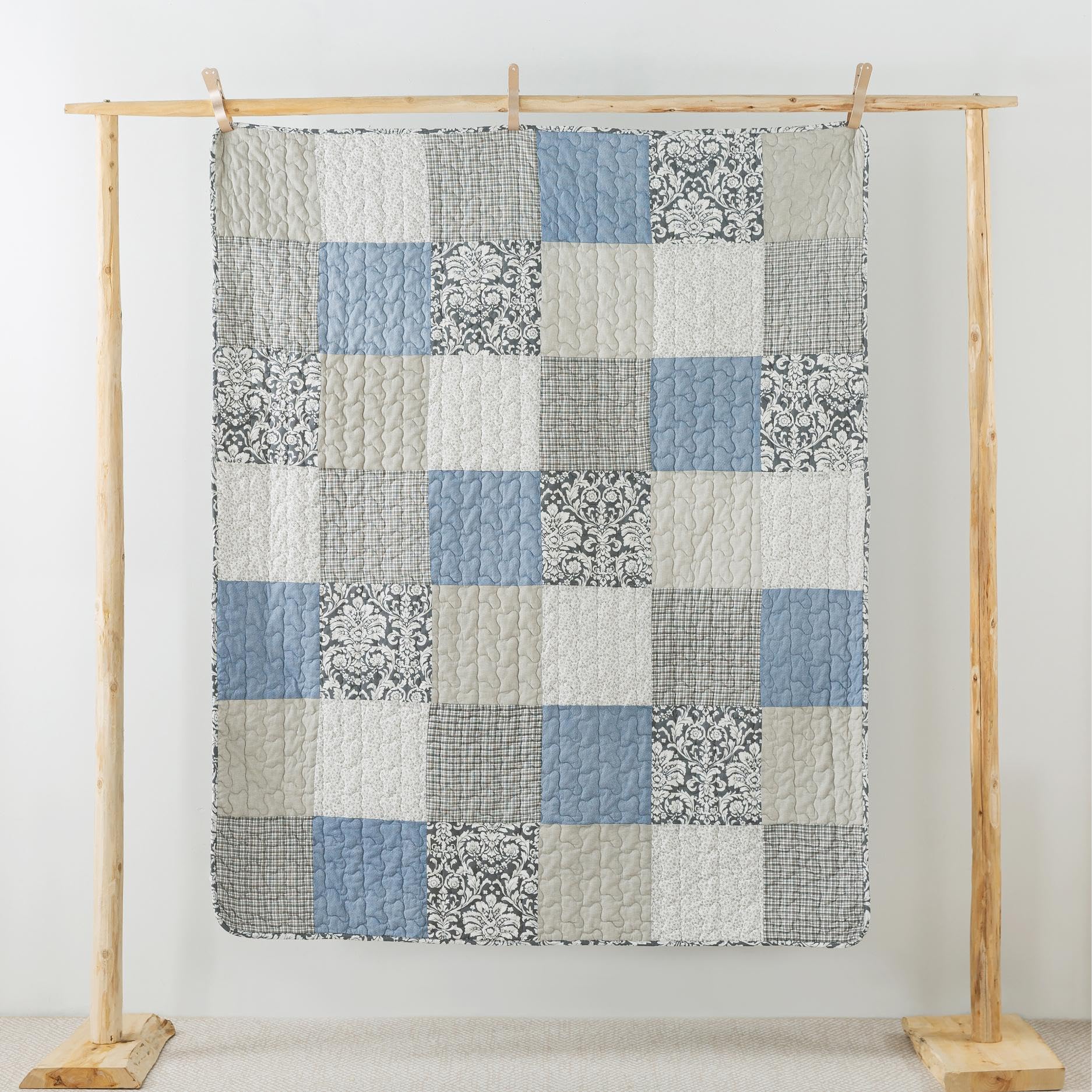 Sweet Dreams 50' X 60' Cotton Quilted Throw Blanket, Blue And Gray Cottage Throw Quilt For Couch, Lightweight Pieced Patchwork