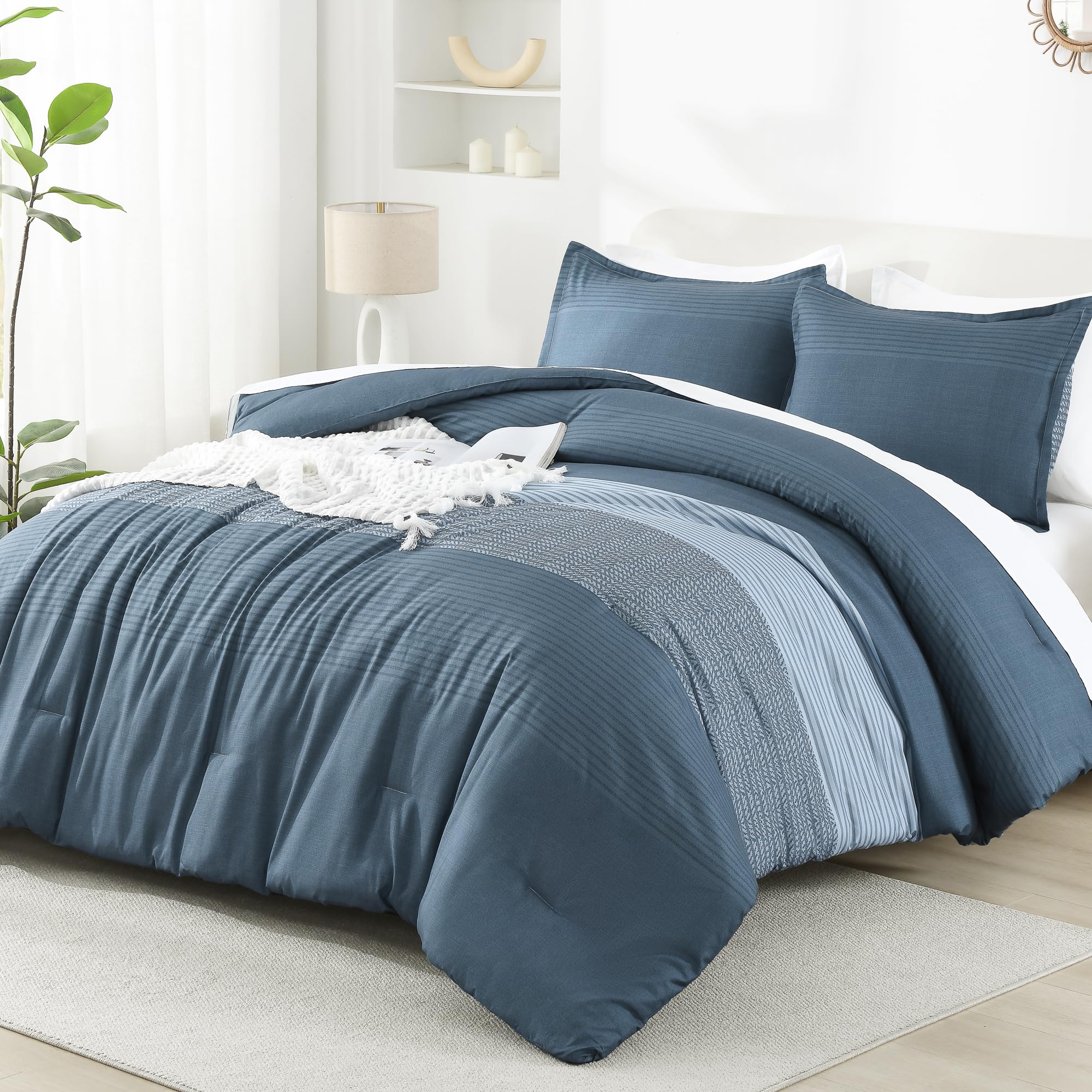 Litanika Haze Blue Comforter Set Twin/Twin Xl - 2 Pieces Lightweight Haze Blue White Colorblock Stripe Fluffy Bedding Comforter