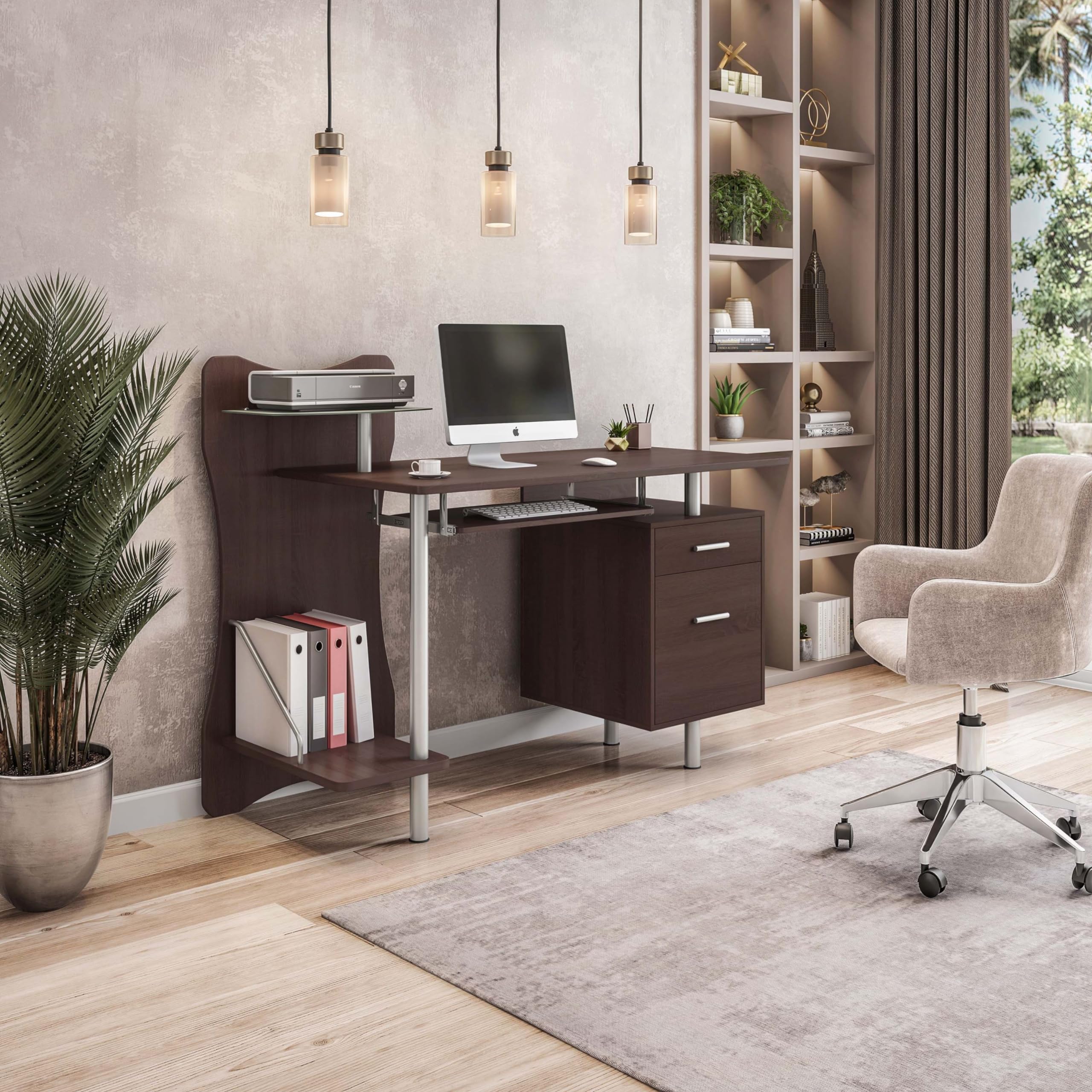 51'' Computer Desk With File Cabinet And Glass Printer Shelf, Stylish Office Desk With Shelves, Drawer, Keyboard Tray, And Floating Desktop, Computer Workstation, Chocolate Brown