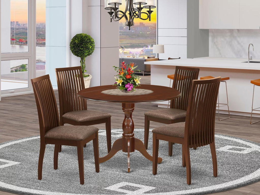 East West Furniture DMIP5-MAH-C 5 Piece Kitchen Table & Chairs Set Includes a Round Dining Room Table with Dropleaf and 4 Linen Fabric Upholstered Chairs, 42x42 Inch, Mahogany