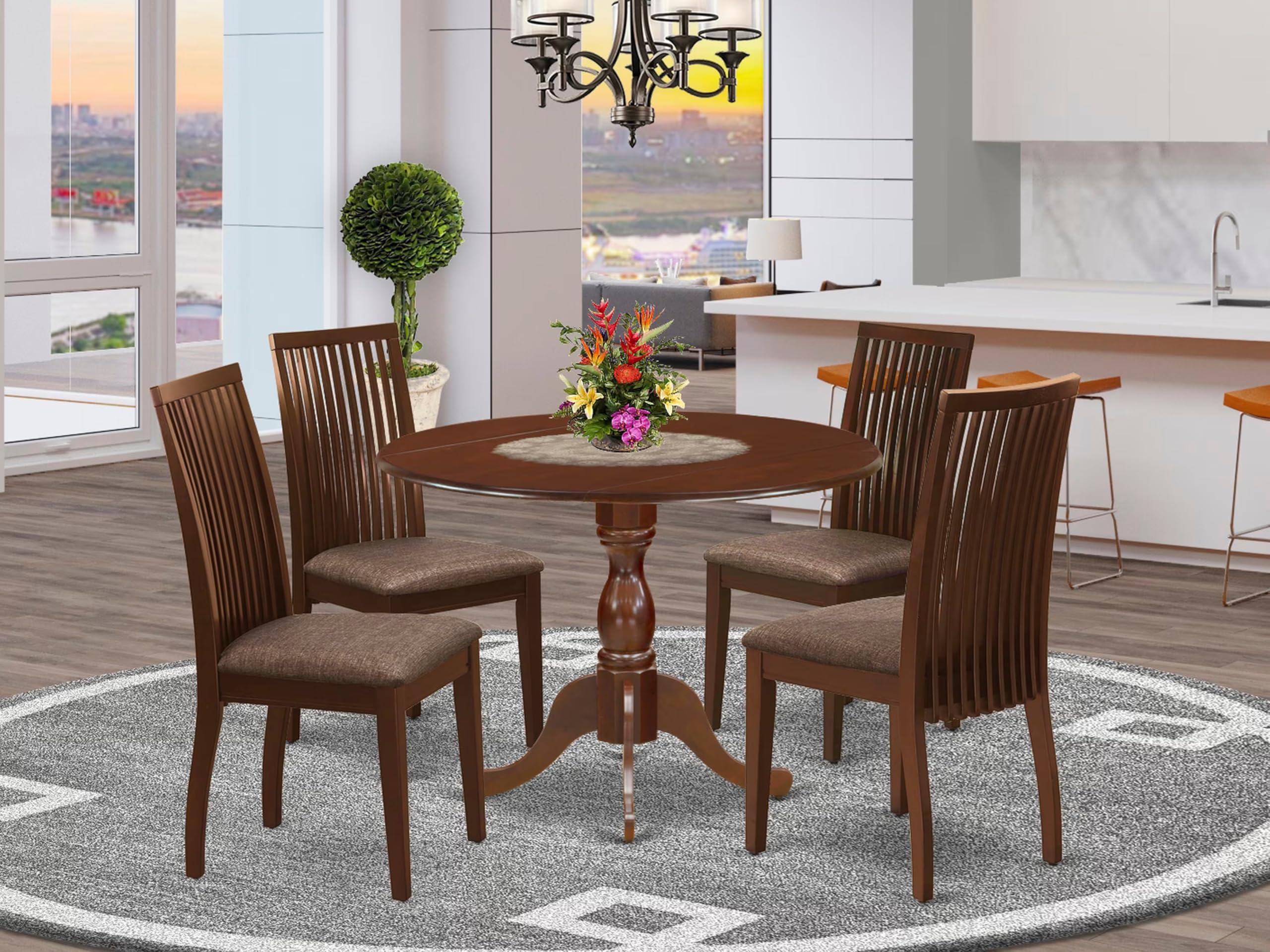 East West Furniture DMIP5-MAH-C 5 Piece Kitchen Table & Chairs Set Includes a Round Dining Room Table with Dropleaf and 4 Linen Fabric Upholstered Chairs, 42x42 Inch, Mahogany