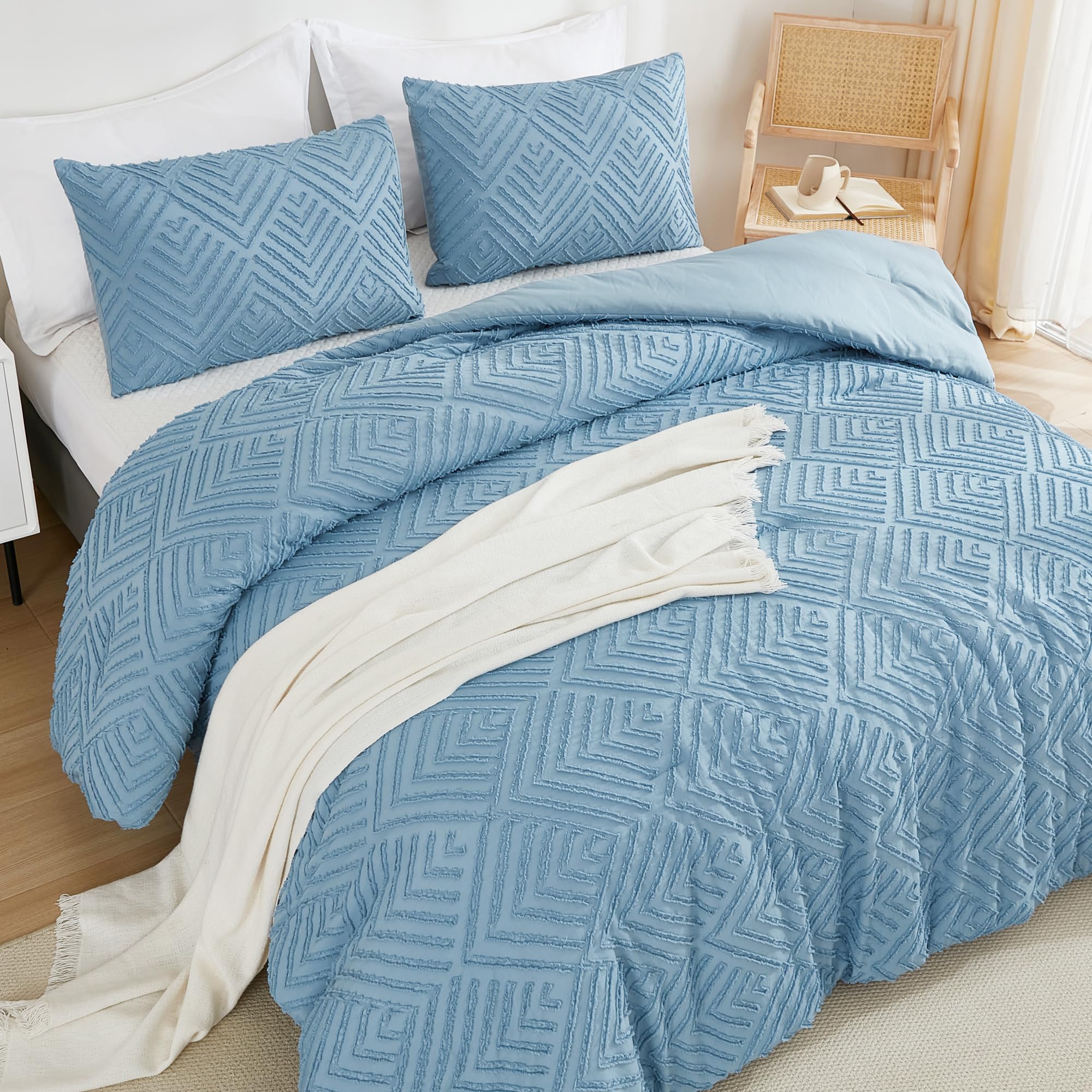 Andency Grayish Blue Comforter Set Queen Size, Lightweight Fluffy Bedding Comforter Sets For Queen Bed, 3 Pieces Tufted Farmhous