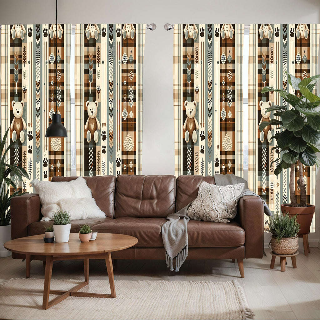 Ambesonne Bear Window Curtains Pack Of 2, Modern Scandi Arrow And Leafy Plaid Ornate With Cartoon Paws Earthy Tones, Lightweight