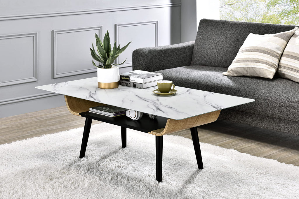 Lilola Home Landon Coffee Table with Glass White Marble Texture Top and Bent Wood Design