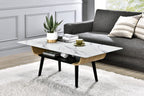 Lilola Home Landon Coffee Table with Glass White Marble Texture Top and Bent Wood Design