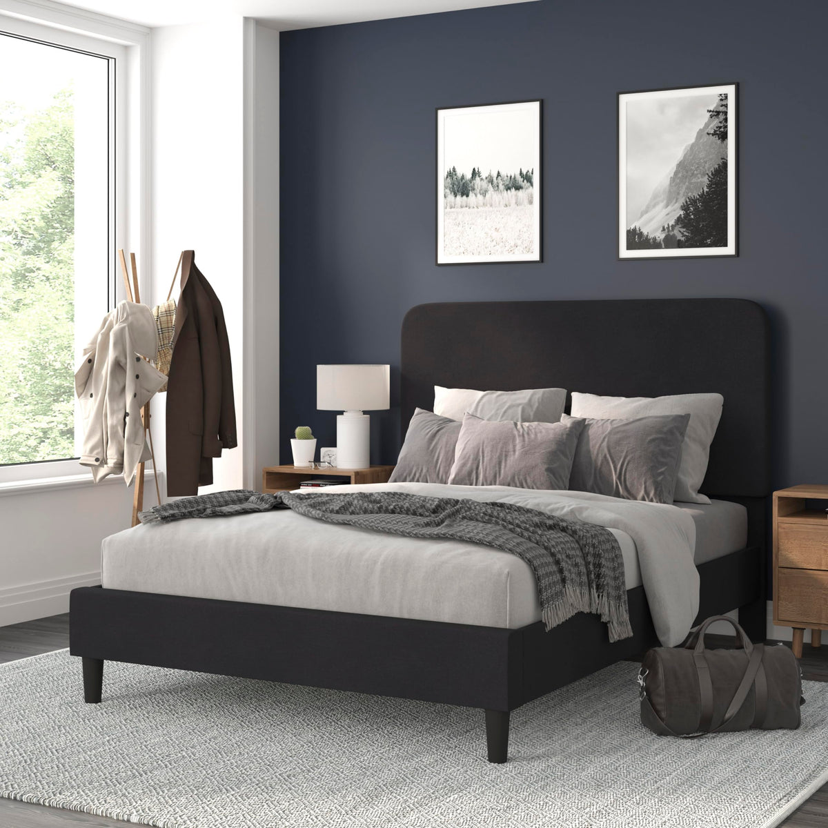 Flash Furniture Addison Platform Bed - Charcoal Fabric Upholstery - Queen - Headboard with Rounded Edges - Wood Slat Support - No Box Spring or Foundation Needed