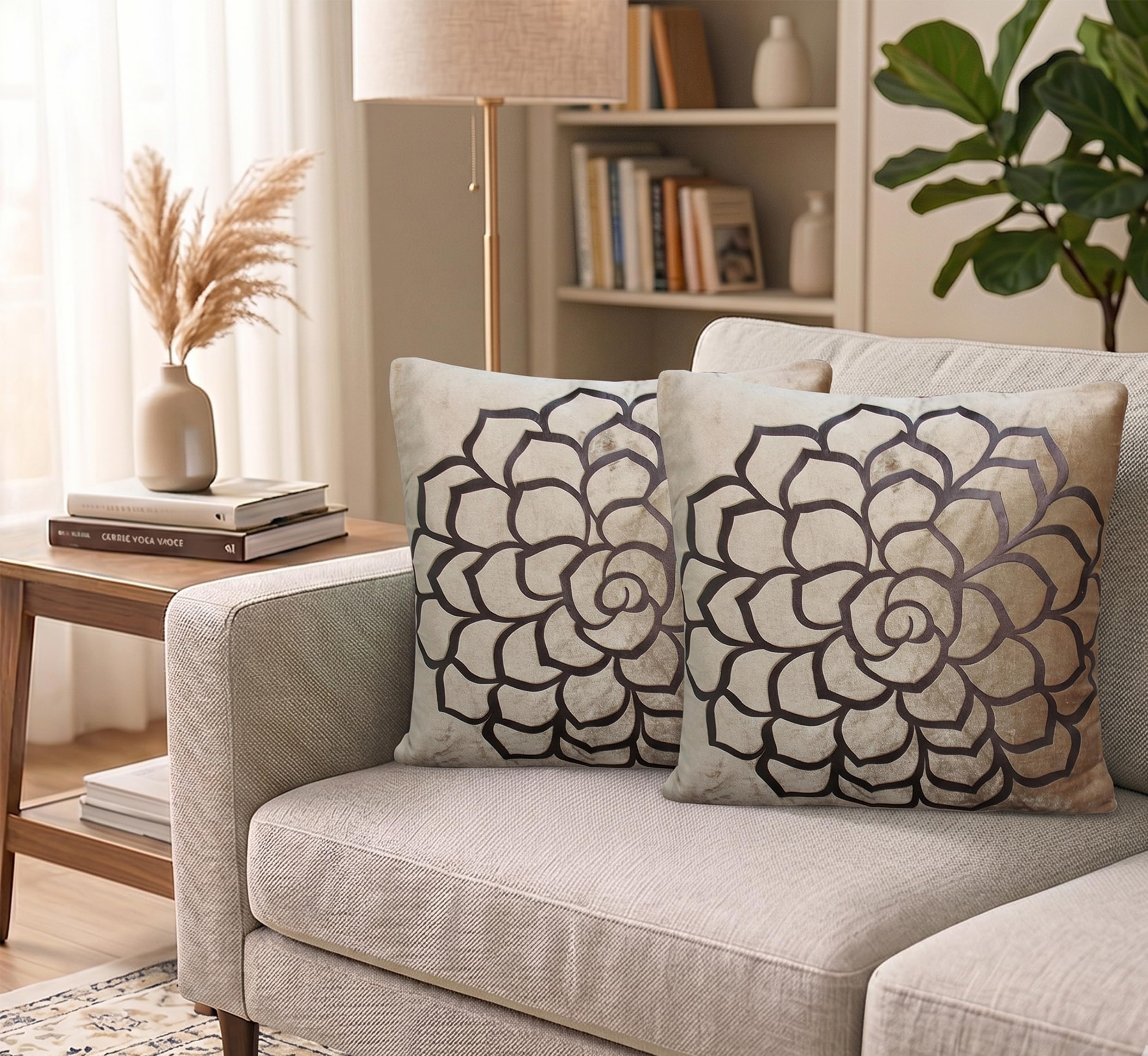 Dekor World Beige Cotton Velvet Rose Bronze Print Cushion Cover (Pack Of 2) 40X40 Cm (16X16 Inches)