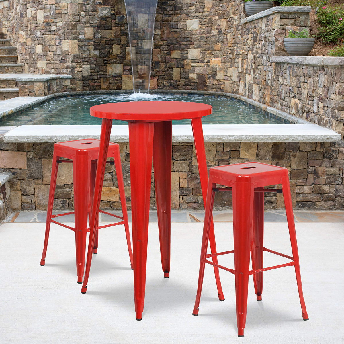 Flash Furniture Commercial Grade 24&quot; Round Red Metal Indoor-Outdoor Bar Table Set with 2 Square Seat Backless Stools