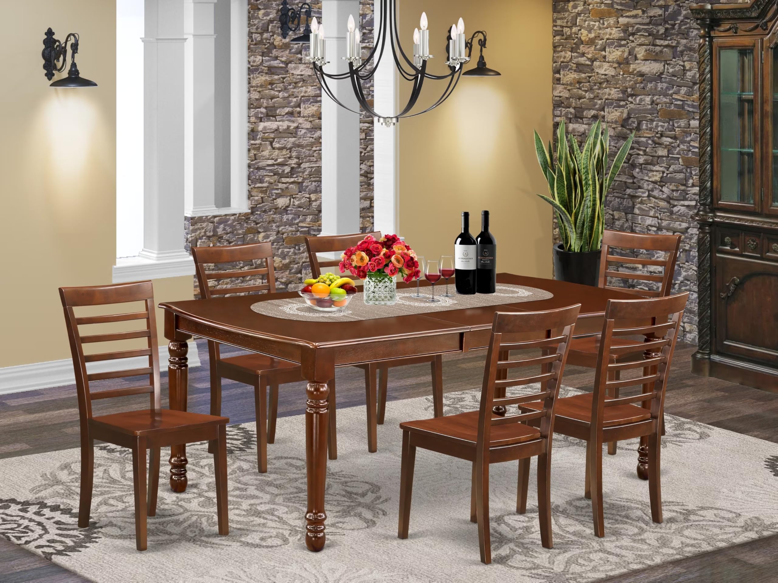 East West Furniture Doml7-Mah-W 7 Piece Dining Set Consist Of A Rectangle Dining Room Table With Butterfly Leaf And 6 Wood Seat Chairs, 42X78 Inch, Mahogany
