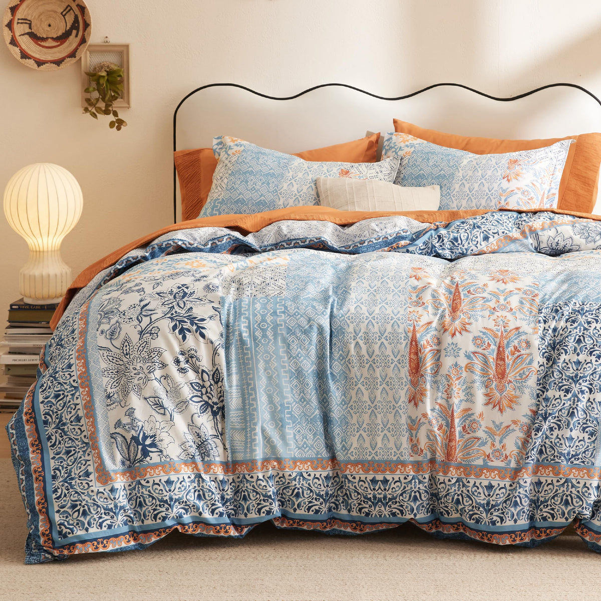 Bedsure Cotton Duvet Cover Queen Size - 100% Cotton Reversible Bohemian Blue Duvet Cover Set with Zipper, Paisley Patterned Bedd