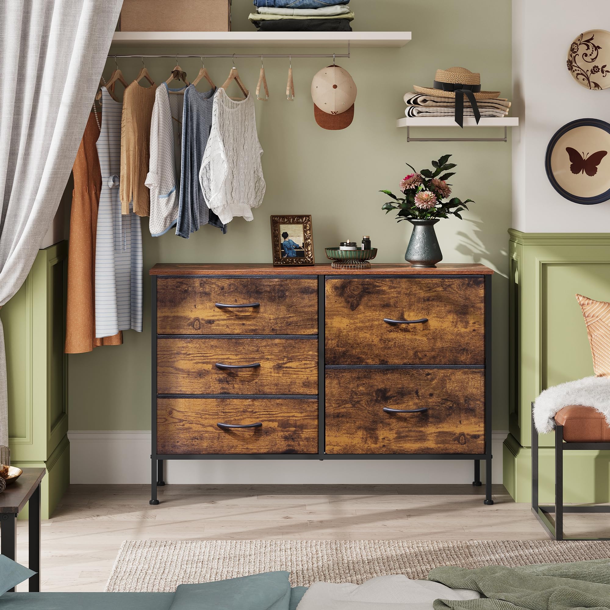 Wlive Dresser For Bedroom With 5 Drawers, Wide Bedroom Dresser With Drawer Organizers, Chest Of Drawers, Fabric Dresser For Living Room, Closet, Hallway, Rustic Brown Wood Grain Print