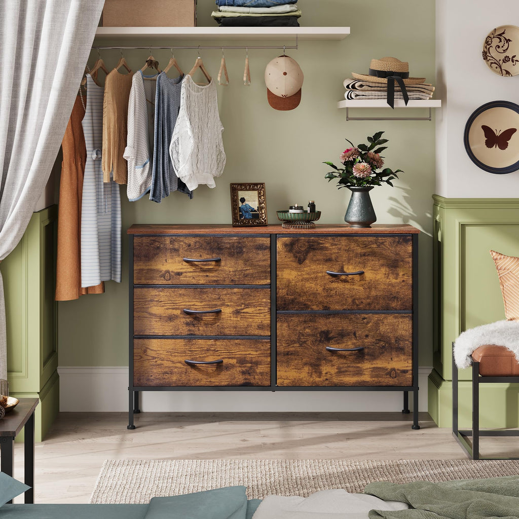 Wlive Dresser For Bedroom With 5 Drawers, Wide Bedroom Dresser With Drawer Organizers, Chest Of Drawers, Fabric Dresser For Living Room, Closet, Hallway, Rustic Brown Wood Grain Print