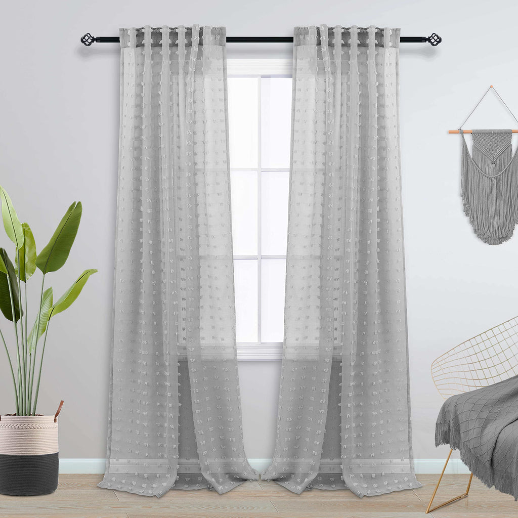 Koufall Grey Textured Sheer Curtains 96 Inches Long For Living Room Pom Pom Boho Fluffy Furry Back Tab Ceiling To Floor Length R