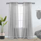 Koufall Grey Textured Sheer Curtains 96 Inches Long For Living Room Pom Pom Boho Fluffy Furry Back Tab Ceiling To Floor Length R