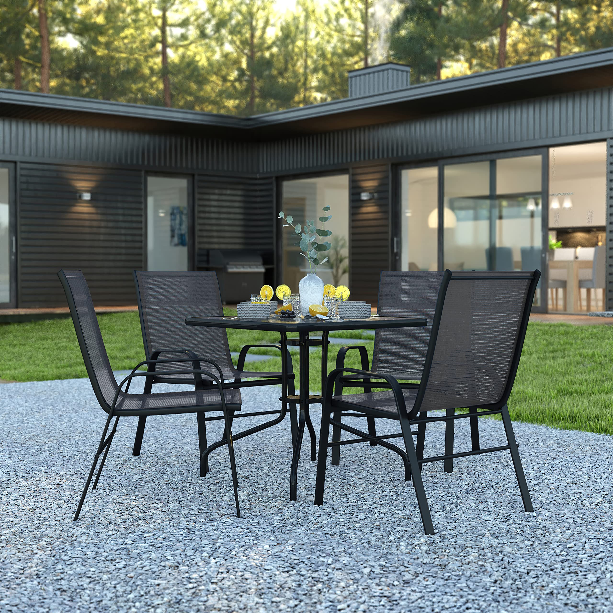 Flash Furniture Brazos Series 5-Piece Glass Patio Table And Chairs Set, Outdoor Patio Dining Set With Square Table And 4 Sling Patio Chairs, Black