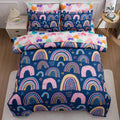 Btargot 5 Piece Dark Blue Rainbow Comforter Set For Girls Boys Kids, Twin Size Cartoon Love Hearts Flowers And Sun Star Bedding