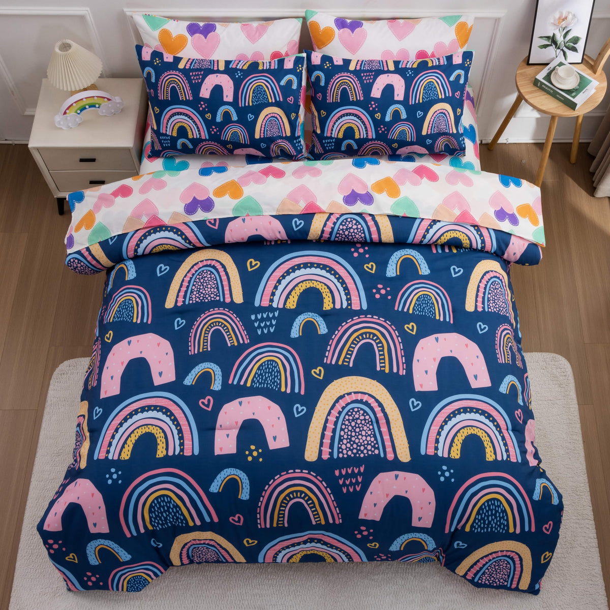 Btargot 5 Piece Dark Blue Rainbow Comforter Set For Girls Boys Kids, Twin Size Cartoon Love Hearts Flowers And Sun Star Bedding