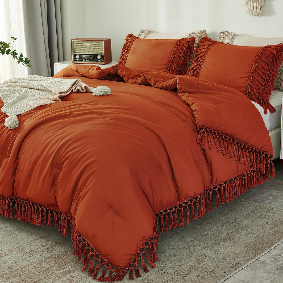 Andency Queen Comforter Set Burnt Orange, 3 Pieces Boho Terracotta Lightweight Fall Bedding Comforter Sets, Tassel Rust Bed Set