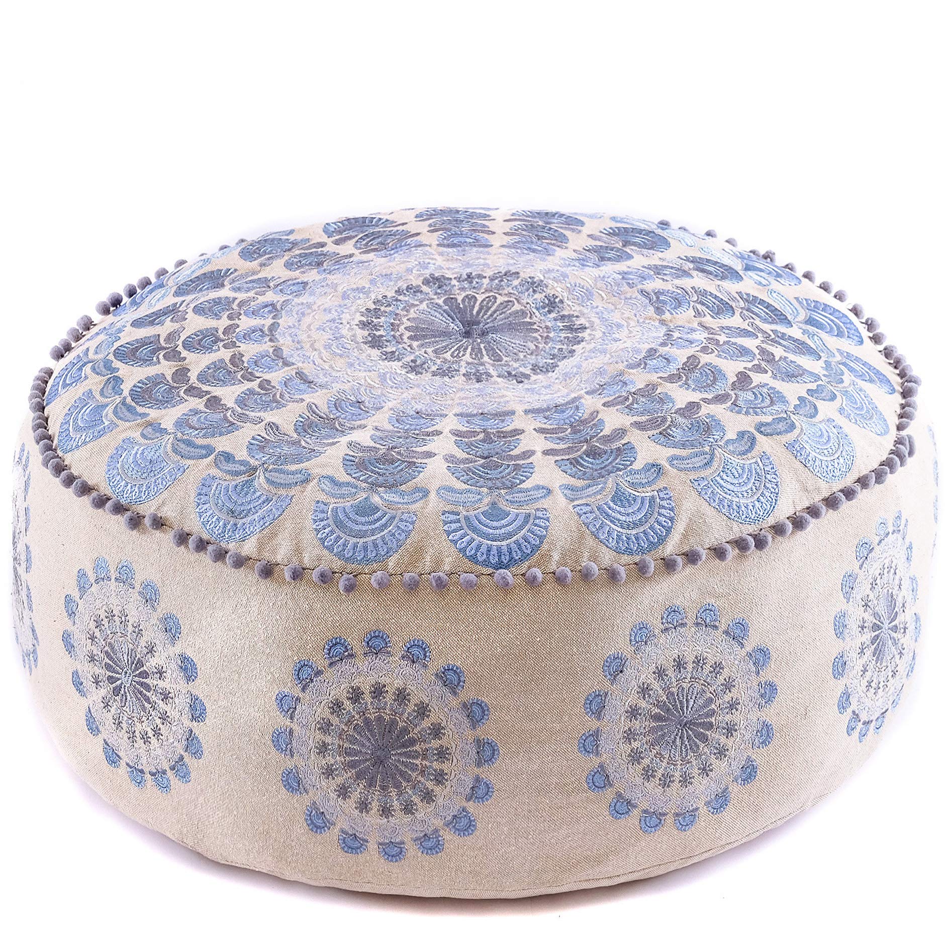 Large Round Floor Pillow Cover Blue Indian D  Corative Accent Meditation Cushion Perfect For Living Room, Bedroom, Nursary Or Ch