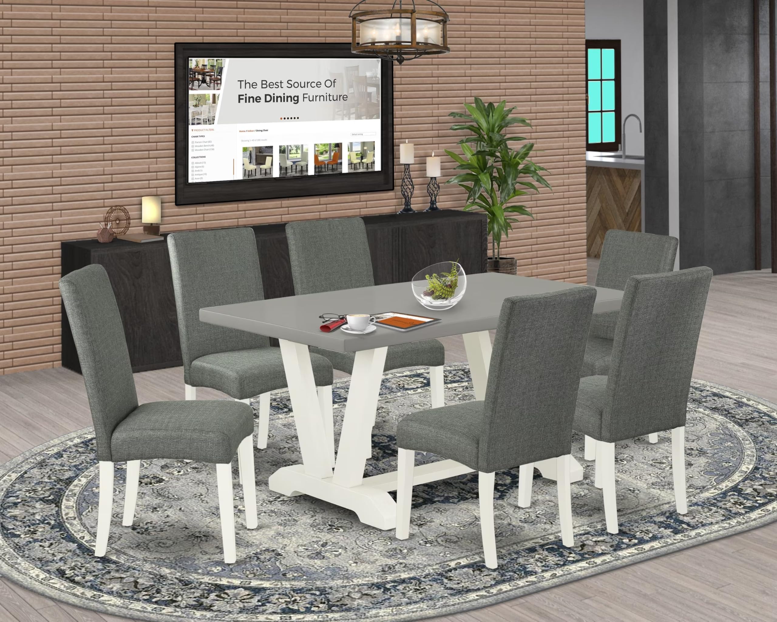 East West Furniture V096Dr207-7 7 Piece Modern Dining Table Set Consist Of A Rectangle Wooden Table With V-Legs And 6 Gray Linen Fabric Parsons Dining Chairs, 36X60 Inch, Multi-Color