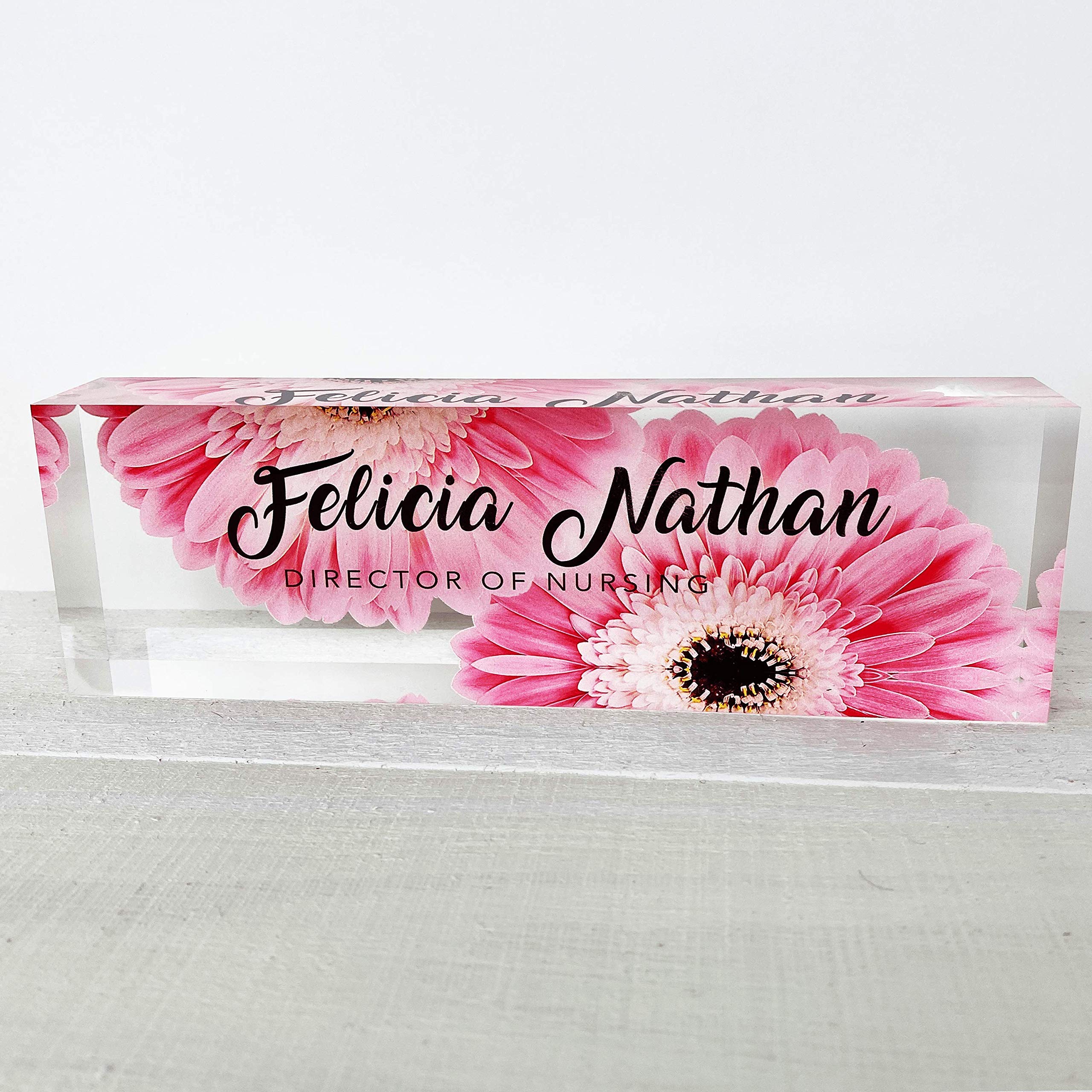 Artblox Office Desk Name Plate Personalized | Custom Name Plates For Desks | Pink Daises Design On Clear Acrylic Glass | Office