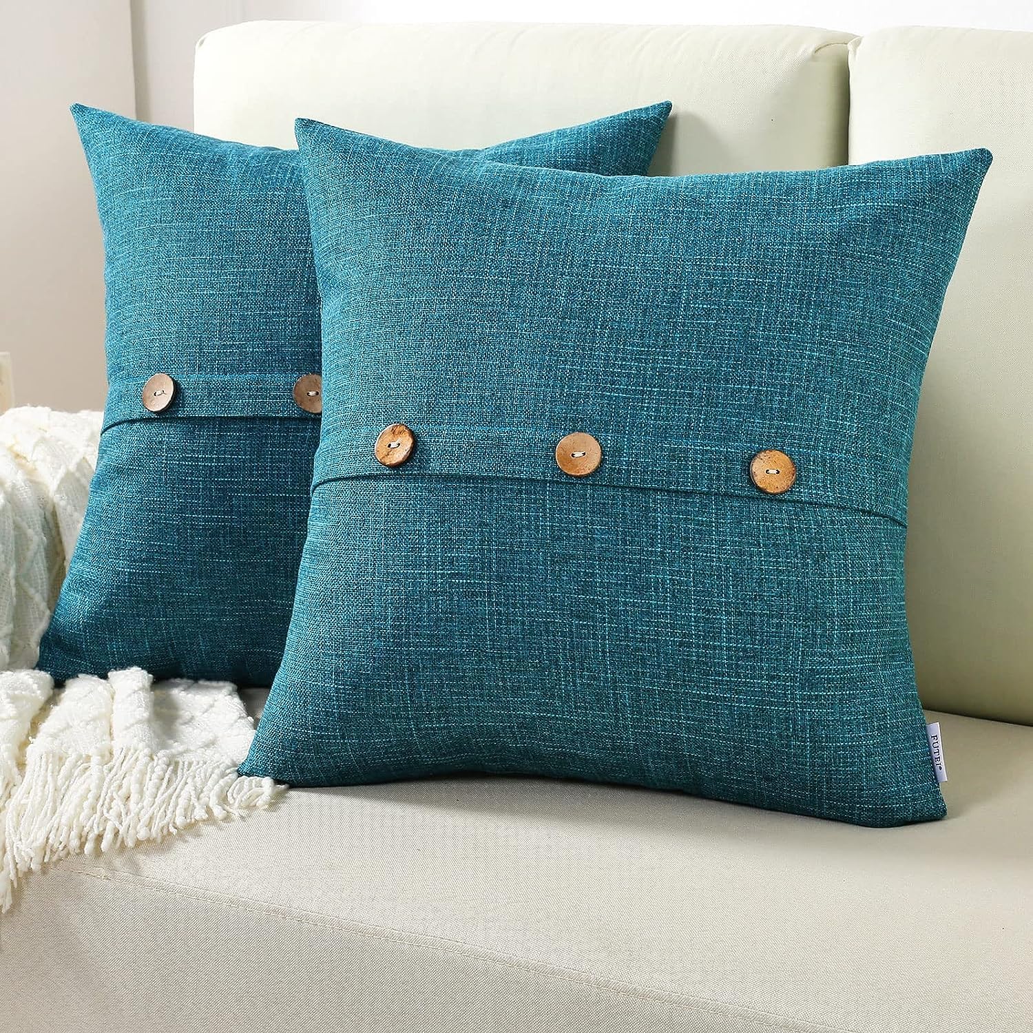 Futei Teal Linen Decorative Throw Pillow Covers 18X18 Inch Set Of 2, Square Cushion Case With Vintage Button/Zipper,Modern Farmh