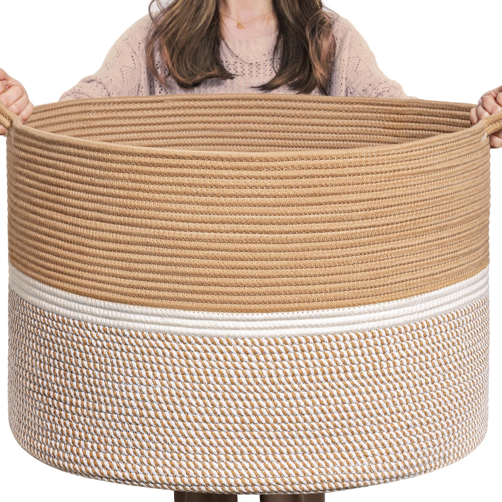 CHICVITA XXL Extra Large Cotton Rope Woven Basket, Throw Blanket Storage Basket with Handles, Decorative Clothes Hamper - 22 x 2