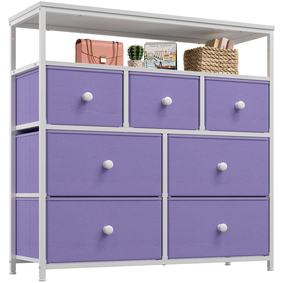 Enhomee Purple Dresser With 7 Drawers And 2 Shelves, Tv Stand Dresser For Bedroom With Wooden Top And Metal Frame, Tall Dressers & Chest Of Drawers