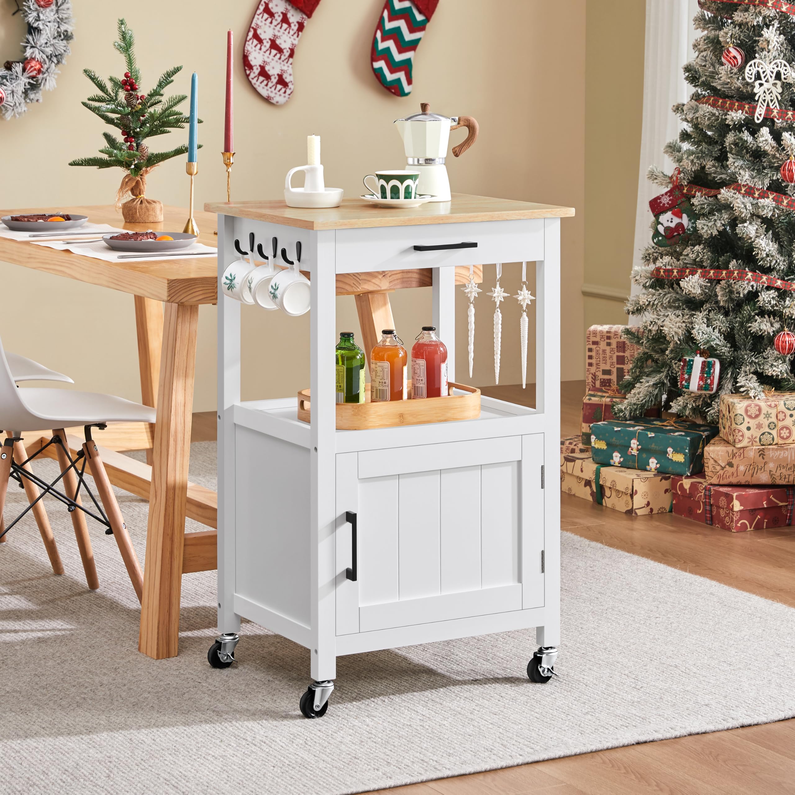 Yaheetech Rolling Kitchen Island With Single Door Cabinet, Kitchen Cart With Drawer On Swivel Wheels, Small Coffee Cart Microwave Stand With 3 Side Hooks For Dining Room, White