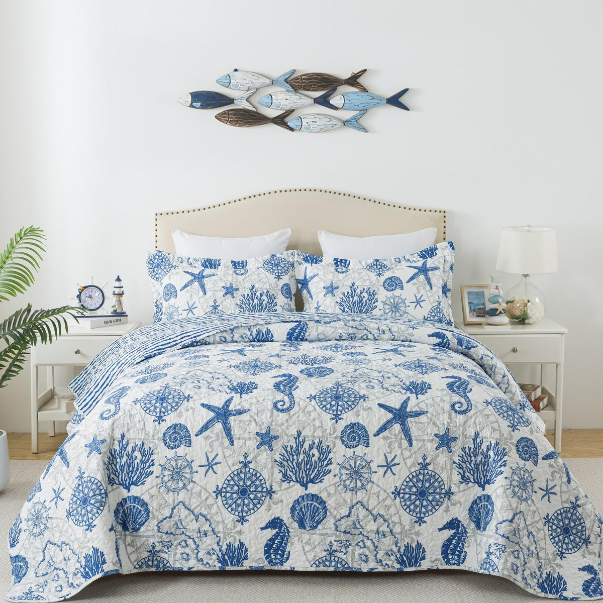 Honeilife Coastal Quilt Sets King - 3 Pieces Ocean Quilt Sets Nautical Bedspreads Lightweight Coverlets Beach Bed Cover All Seas